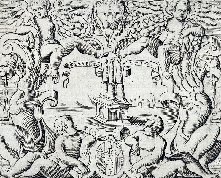 Girolamo Ruscelli (1504–1566) – Allegorical Coat of Arms of Guidobaldo II della Rovere – Engraving (1566)