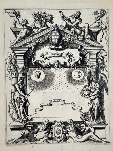 Girolamo Ruscelli (1504–1566) – Allegorical Coat of Arms with Celestial Emblems – Engraving (1566)