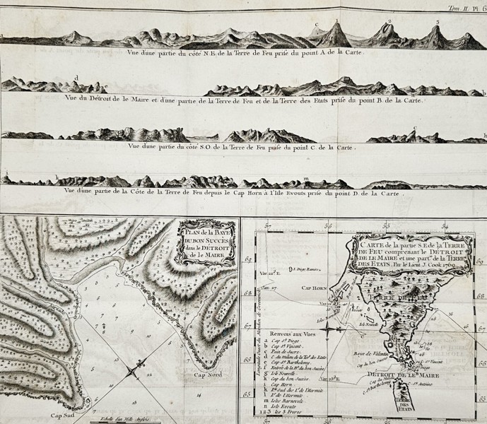 James Cook (1728–1779) – Map of the Strait of Le Maire and Tierra del Fuego (South America) – Etching (1774)