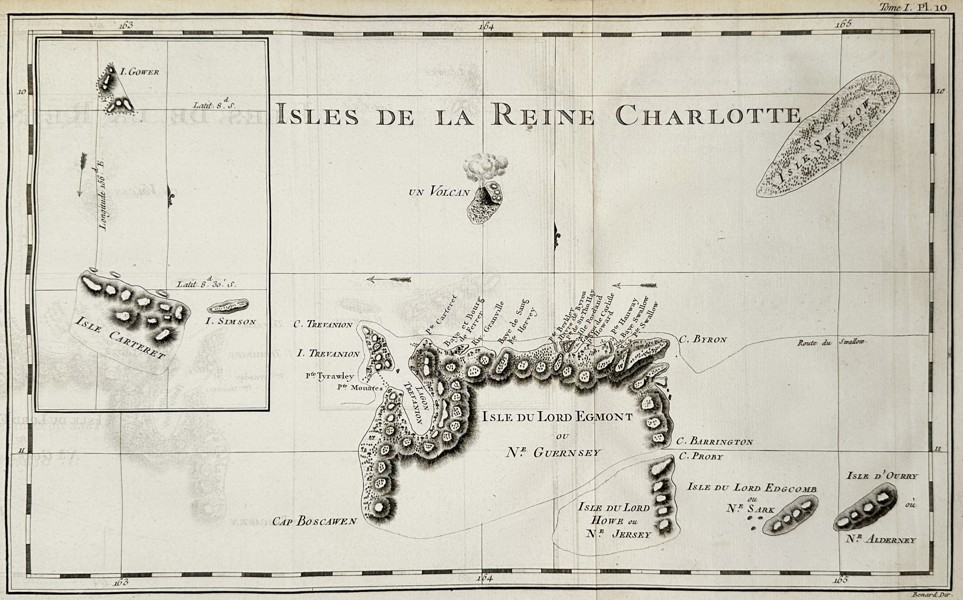James Cook (1728–1779) – Map of the Queen Charlotte Islands (South Pacific) – Etching (1774)