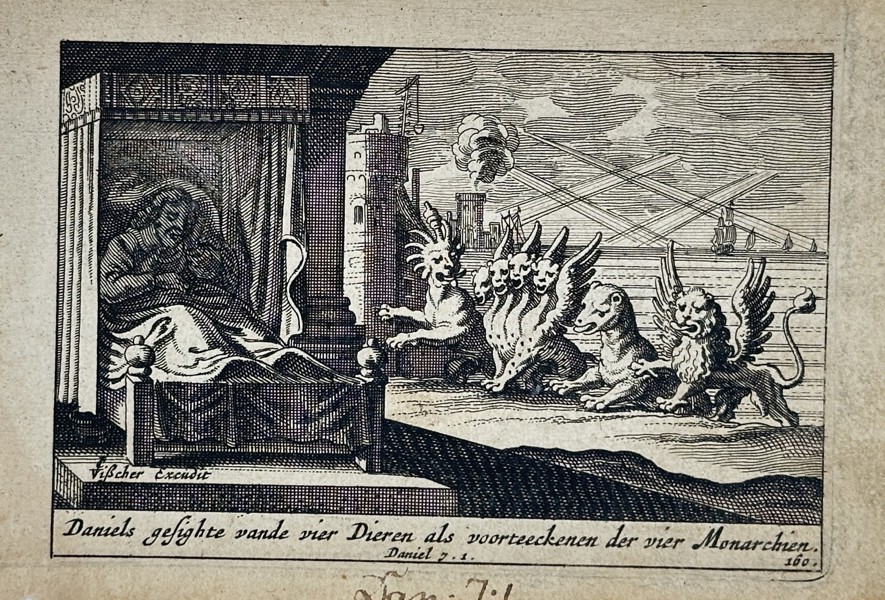 Pieter Schut (1618–1660) – Daniel's Vision of the Four Beasts – woodcut (1659)