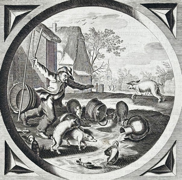Jacob Cats (1577–1660) – Allegory of the Sow and the Piglets – Etching (1658)
