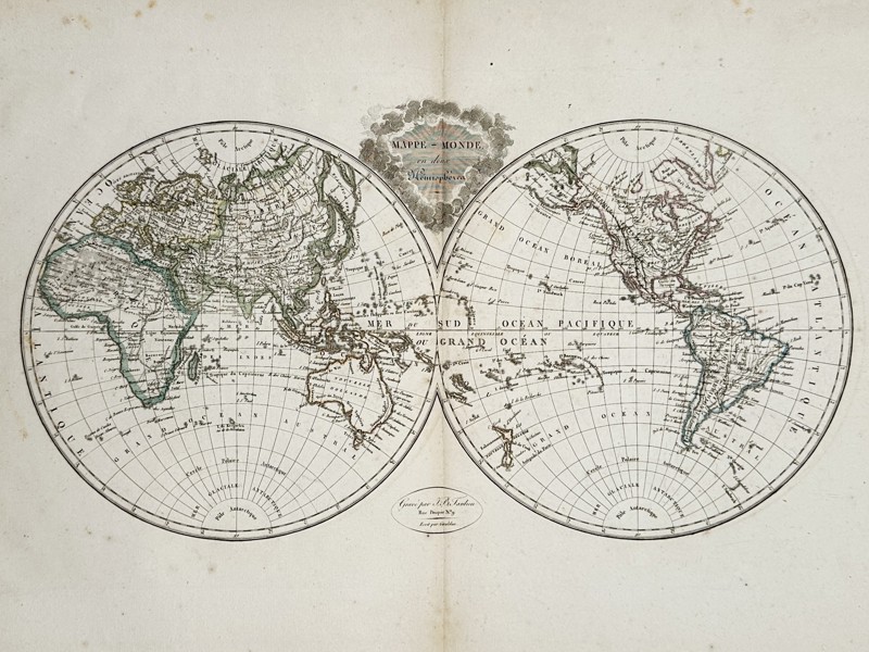 Jean-Baptiste Tardieu (1768–1837) – World Map in Two Hemispheres – World – Hand-coloured engraving (1812)