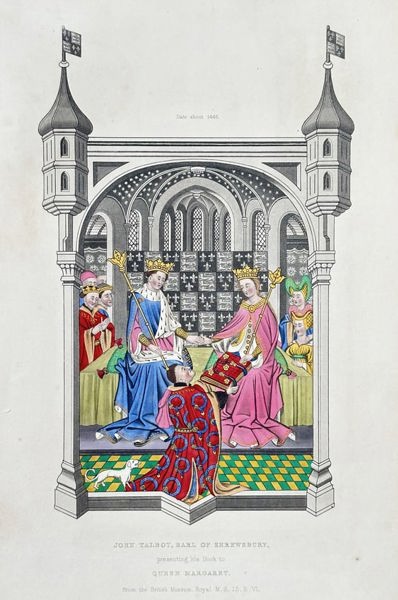 Henry Shaw (1800–1873) – John Talbot, Earl of Shrewsbury, Presenting his Book to Queen Margaret of Anjou - lithograph