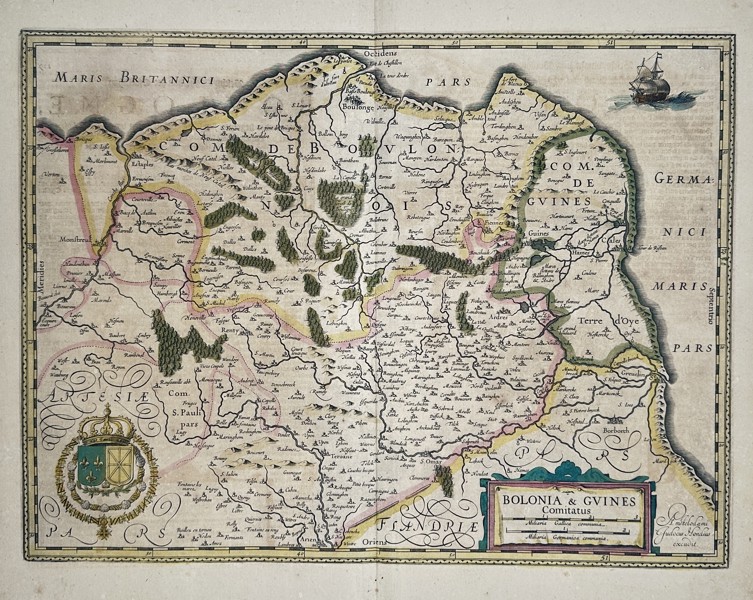 Gerardus Mercator (1512–1594) – Map of the Counties of Boulogne and Guînes (Bolonia & Gvines Comitatvs) – Hand-colored copperplate engraving (17th Century)