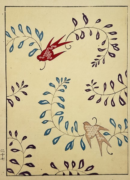 Japanese School (20th Century) – Decorative Pattern with Swallows and Foliage – Woodcut (20th Century)