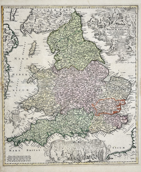 Johann Baptist Homann - Decorative map of England - United Kingdom