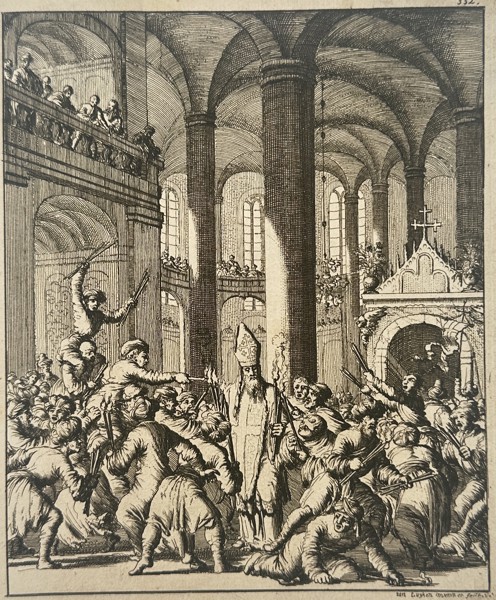 Jan Luyken (1649–1712) – Martyrdom of a Bishop in a Cathedral – Etching (1685)