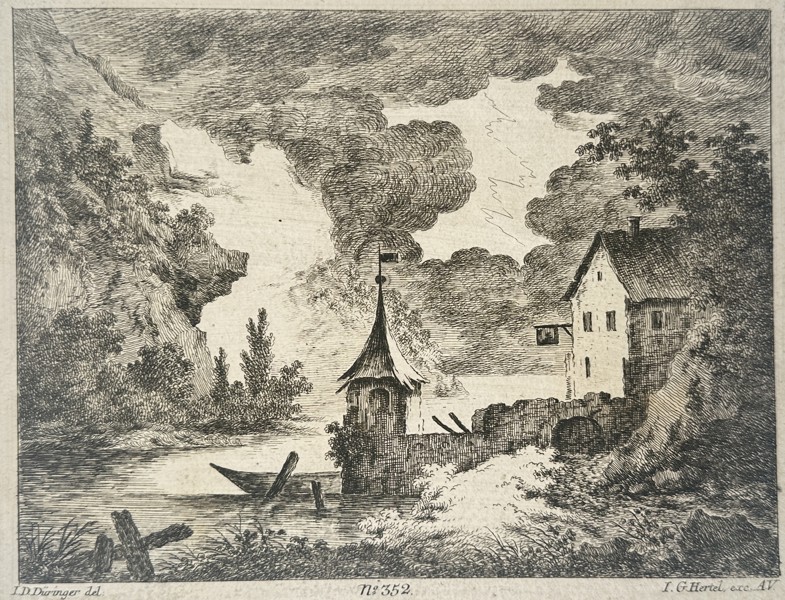 Johann Georg Hertel (1700–1775) – River Landscape with a Tower and Cottage – Etching (18th Century)