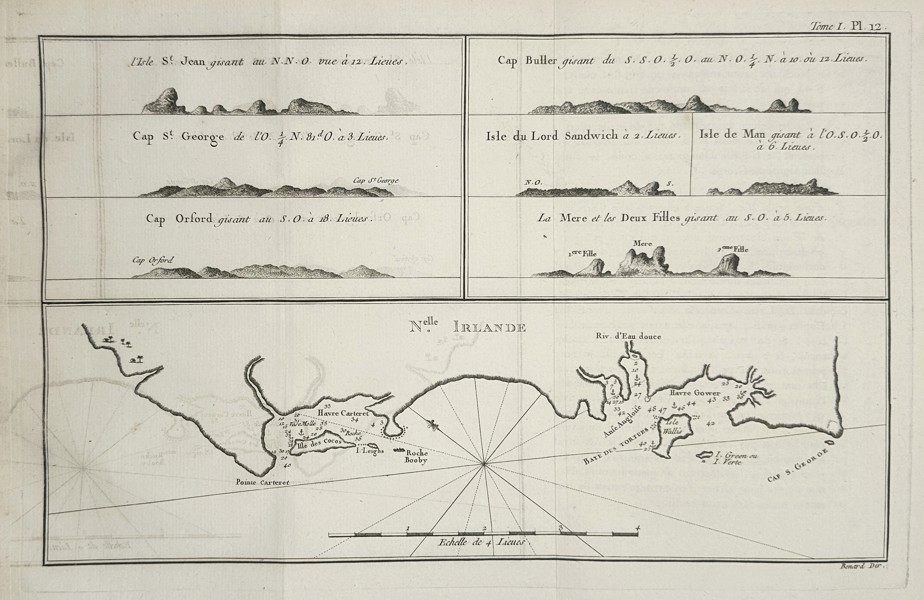 James Cook (1728–1779) – Map of New Ireland and Coastal Profiles – Oceania – Etching (1774)