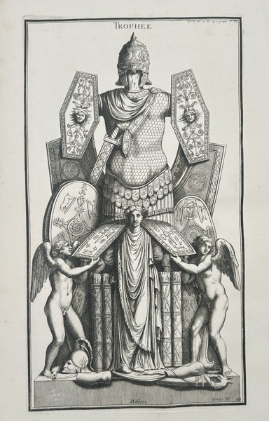 Bernard de Montfaucon (1655–1741) – Trophée of Classical Arms and Armour with Figure – Engraving (1719)