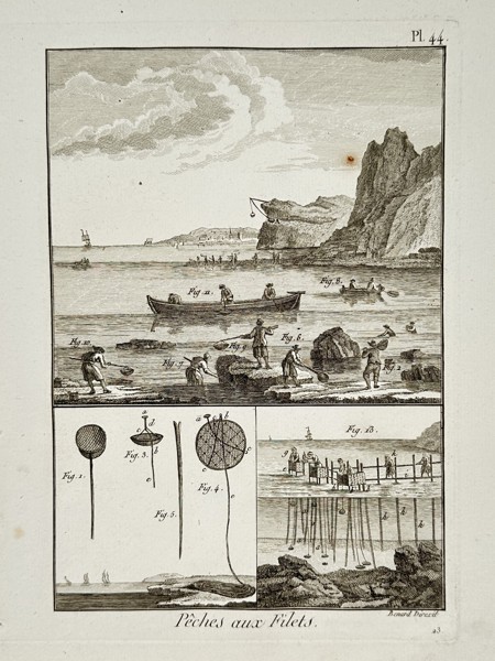 Robert Bénard (1734-1777) – View of coastal hand-net fishing techniques – Engraving (18th Century)