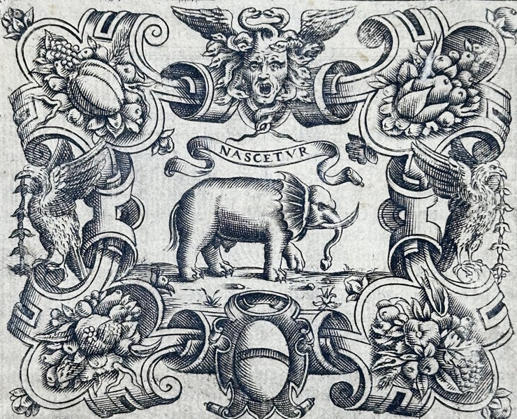 Girolamo Ruscelli (c. 1500-1566) – Page featuring Astorre Baglione and an elephant emblem – Engraving (1566)
