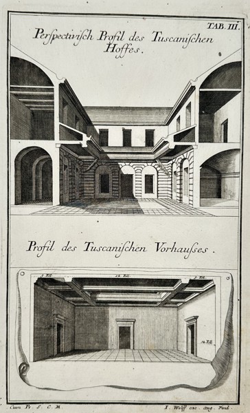 Nikolaus Goldmann (1611-1665) – View of Tuscan-style courtyard and vestibule – Engraving (1696)