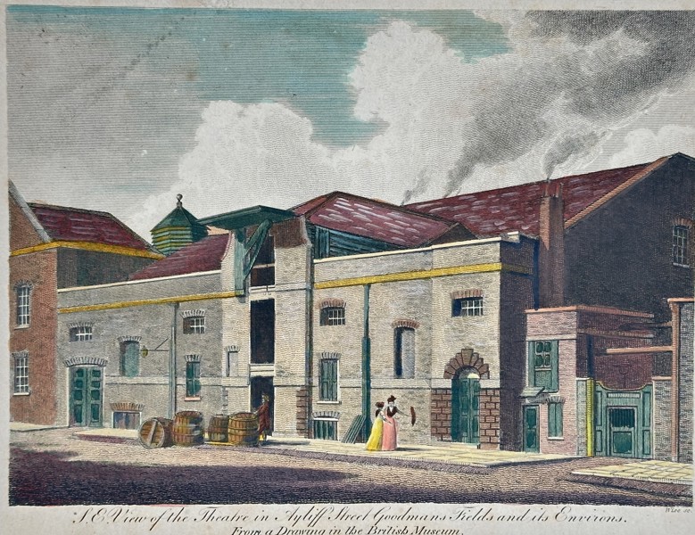 Charles Tomkins (1757-1823) – View of the Theatre in Ayliff-Street Goodman’s-Fields and its Environs – Hand-coloured engraving (Late 18th Century)