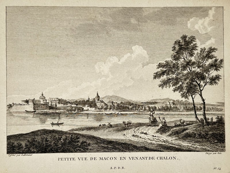 Jean-Baptiste Lallemand (1716-1803) – Small View of Macon Coming from Chalon – Etching (18th Century)