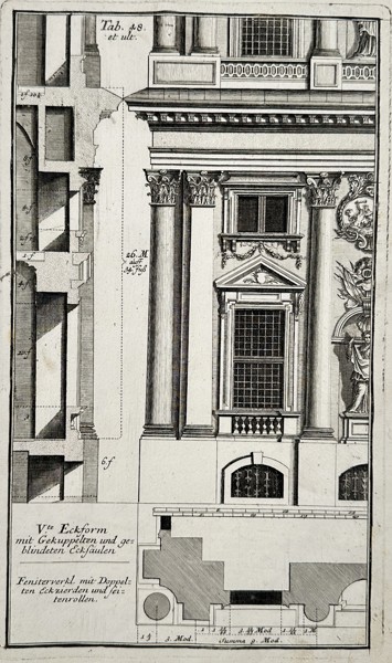 Leonhard Christoph Sturm (1669–1719) – Architectural Study of a Facade with Corinthian Columns, Pedimented Windows, and Sectional Plan – Engraving (c. 1710–1720)