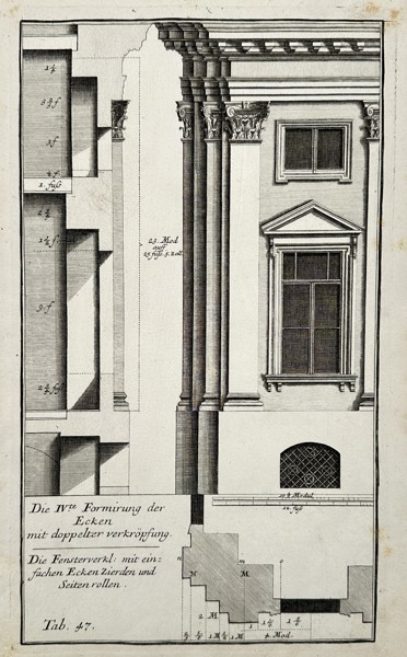 Leonhard Christoph Sturm (1669–1719) – Architectural Elevation of an Exterior Corner with Corinthian Columns, Pedimented Window, and Foundation Plan – Engraving (c. 1714–1721)