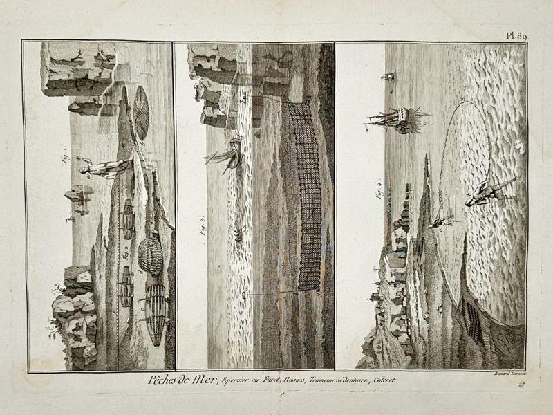 Robert Benard (1734–1777) – Marine Fishing: Cast Nets, Fixed Nets, and Coastal Techniques – Hand-coloured engraving (c. 1770–1780)