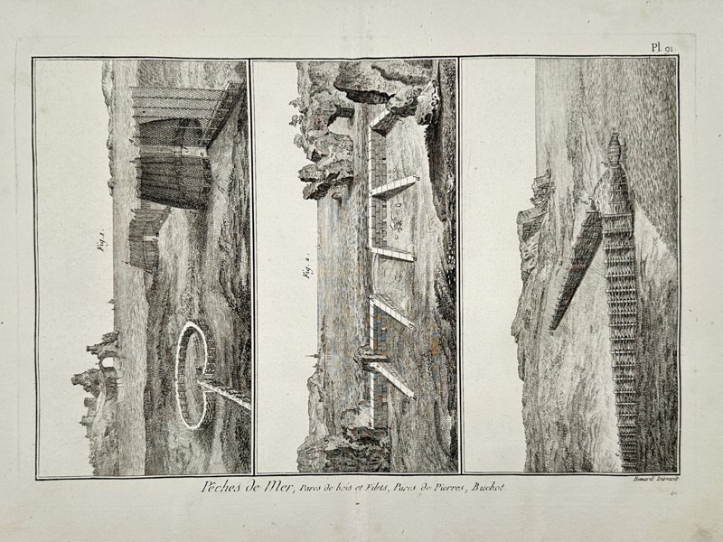 Robert Benard (1734–1777) – Marine Fishing: Wood and Net Enclosures, Stone Weirs, and Mussel Stakes – Engraving (c. 1770–1780)