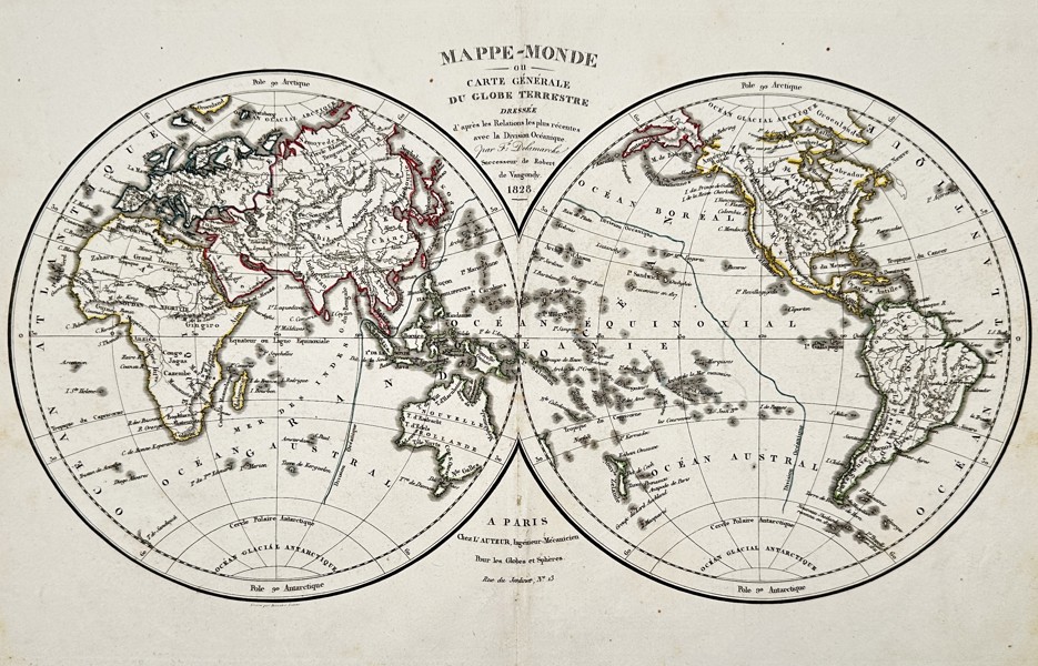 Felix Delamarche (active 1820–1850) – World Map or General Map of the Terrestrial Globe – World – Hand-coloured engraving (1828)