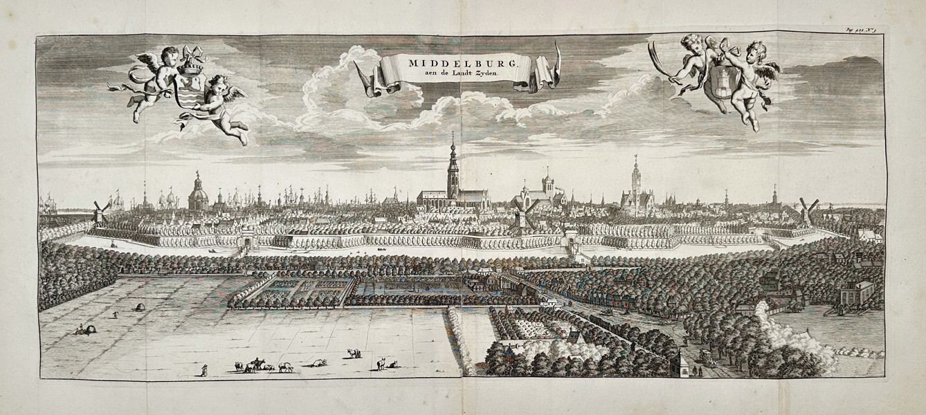 Mattheus Smallegange (1624–1710) – Panoramic View of Middelburg from the Land Side (Zeeland) – Hand-coloured engraving (1696)