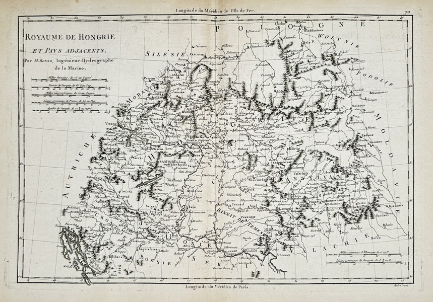 Rigobert Bonne (1727–1794) – Map of the Kingdom of Hungary and Adjacent Countries – Hungary – Engraving (1780)