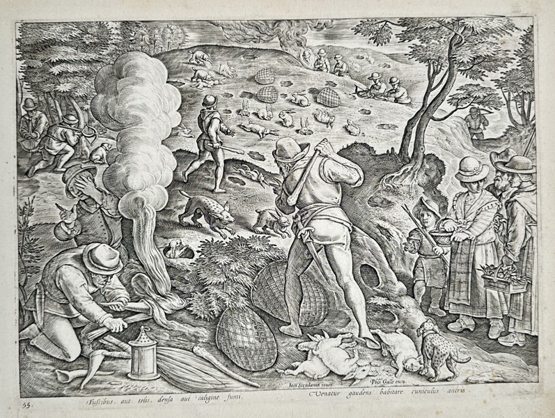 Johannes Stradanus (1523–1605) – Hunting Rabbits with Smoke and Ferrets – Engraving (1578)
