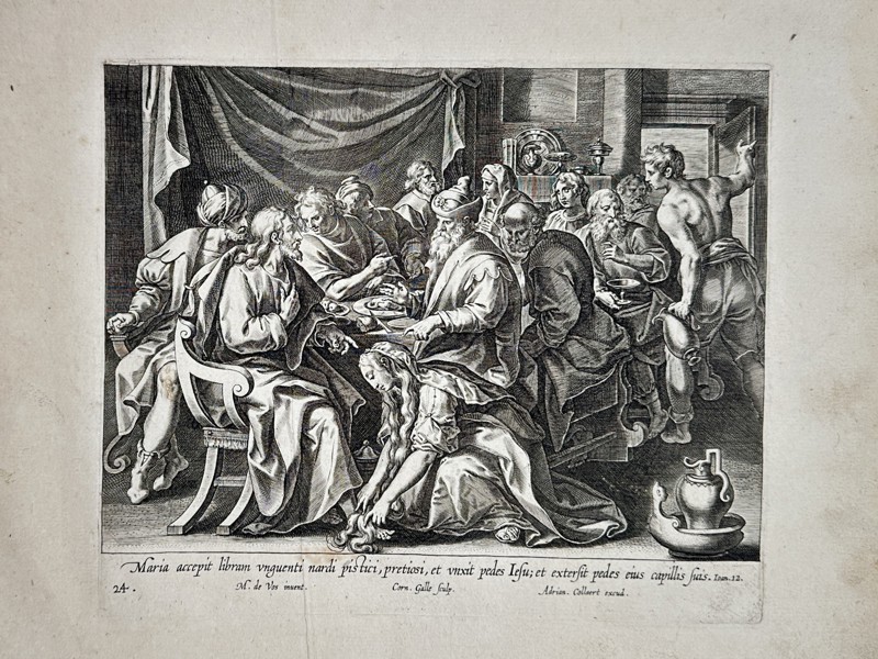 Marten de Vos (1532–1603) – Mary Anointing the Feet of Jesus – Engraving (1585)