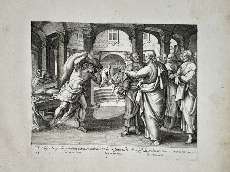 Marten de Vos (1532–1603) – The Healing of the Paralytic at the Pool of Bethesda – Engraving (1585)