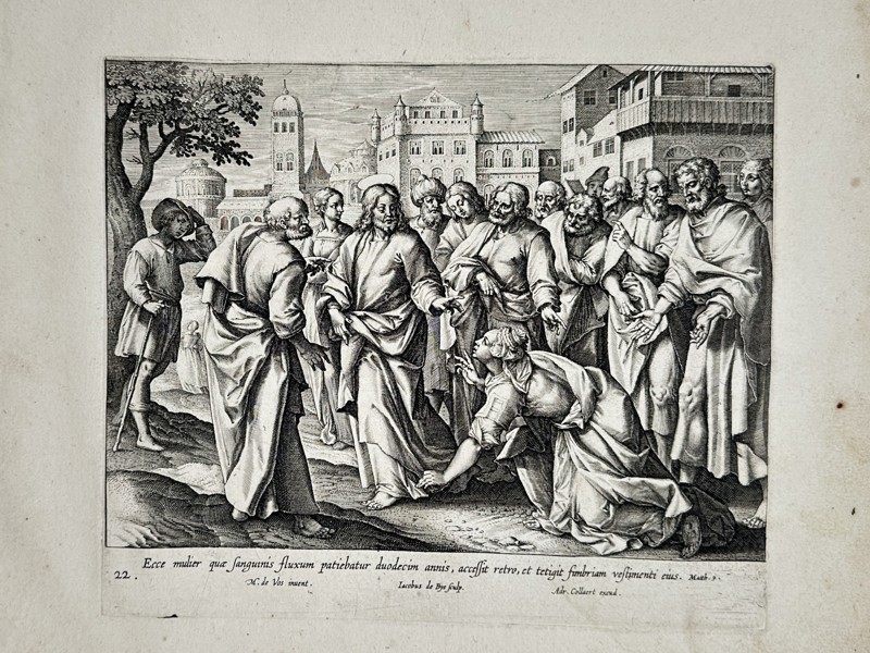 Marten de Vos (1532–1603) – Christ Healing the Woman with an Issue of Blood – Engraving (1585)