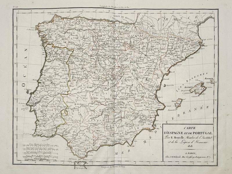 Edme Mentelle (1730–1815) – Map of Spain and Portugal – Iberian Peninsula – Etching (1818)