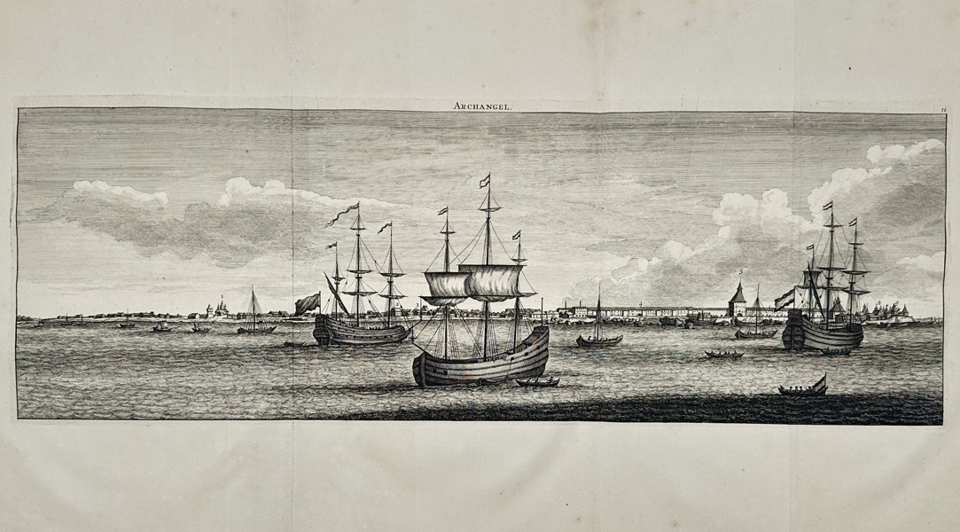 Cornelis de Bruyn (1652–1726) – Panoramic View of the Harbor of Arkhangelsk in Russia - Etching (1711)