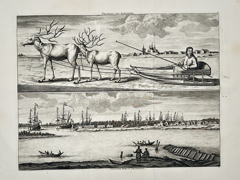 Cornelis de Bruyn (1652–1726) – Samoyed Sledge and the Shipyard of Arkhangelsk – Etching (1711)