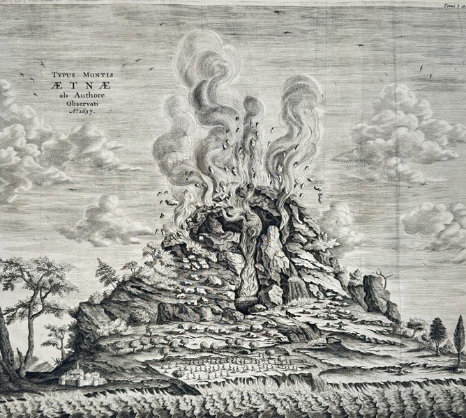 Athanasius Kircher (1602–1680) – Mount Etna Erupting – Sicily – Etching (1664)