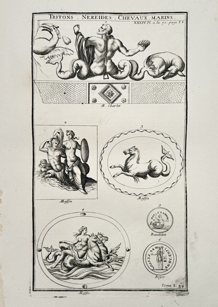 Bernard de Montfaucon (1655–1741) – Study of Tritons, Nereids, and Sea Horses – Engraving (1719)