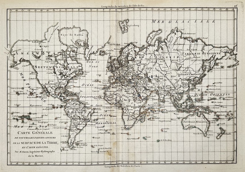 Rigobert Bonne (1727–1794) – Map of the World - Pacific Ocean and the Arctic regions – Engraving (1780)