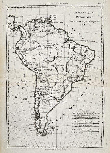Rigobert Bonne (1727–1794) – Map of South America - Brazil, Paraguay and Peru – Engraving (1780)