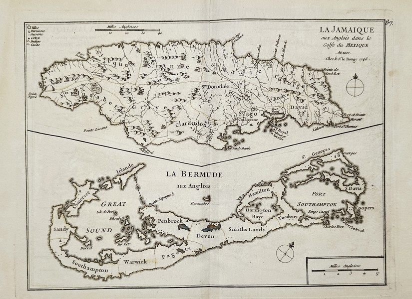 Georges-Louis Le Rouge (1712–1790) – Map of Jamaica and Bermuda – Atlantic and Caribbean – Engraving (1746)