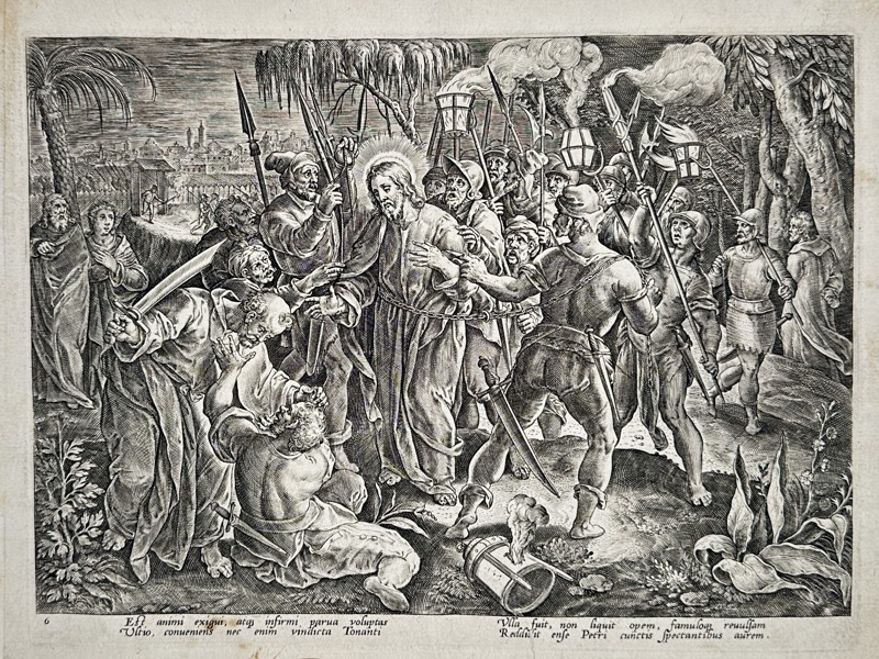 Adriaen Collaert (1560–1618), after Marten de Vos – The Betrayal of Christ – Engraving (1600)