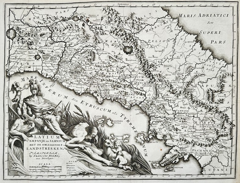 François Halma (1653–1722) – Map of Ancient Latium, Campania, and Samnium – Netherlands – Engraving (1704)