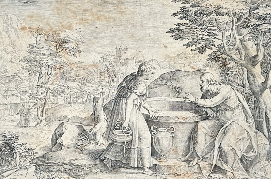 Cornelis Cort (1533–1578), after Federico Zuccaro – Christ and the Samaritan Woman at the Well – Engraving (1568)