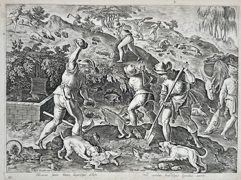 Jan van der Straet (1523–1605), after – Badger Hunting with Shovels and Dogs – Engraving (1596)