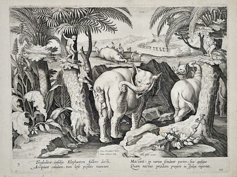 Jan van der Straet (1523–1605), after – Troglodytes Hunting Elephants with Axes – Engraving (1596)