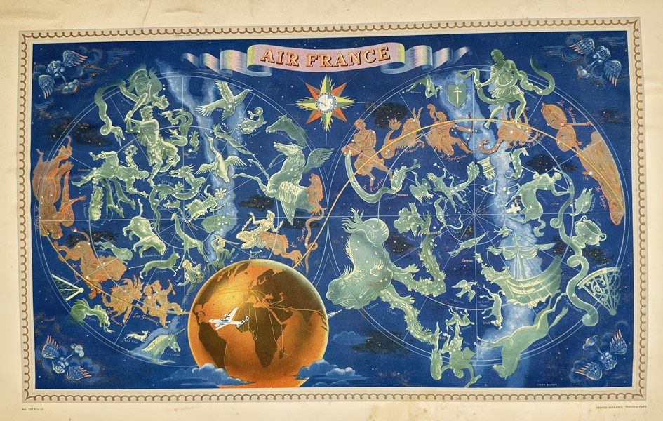 Lucien Boucher (1889–1971) – Air France Celestial Route Map – Lithograph (1950)