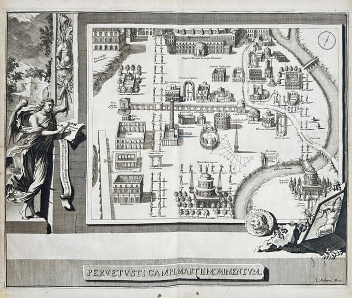 Pieter Schenk the Elder (1660–1711) – Map of the Monuments of the Ancient Campus - Engraving (1700)