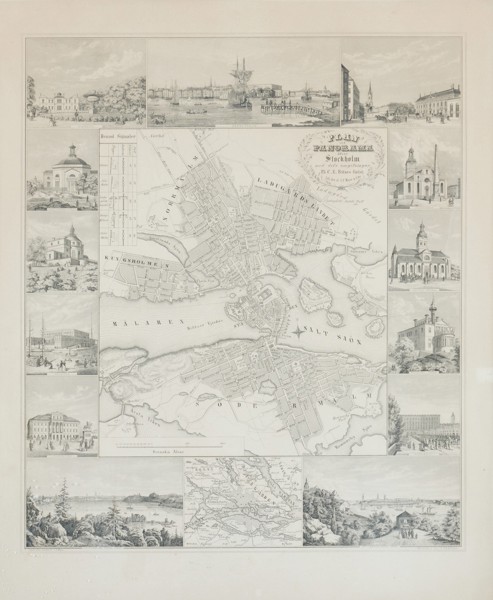 Johann Friedrich Meyer – Map of Sweden - Plan and Panorama of Stockholm with Surroundings - Lithograph with engraved vignettes 