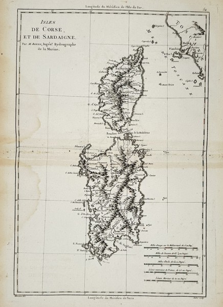 Rigobert Bonne (1727–1794) – Map of the Islands of Corsica and Sardinia – Corsica and Sardinia – Engraving (1780)