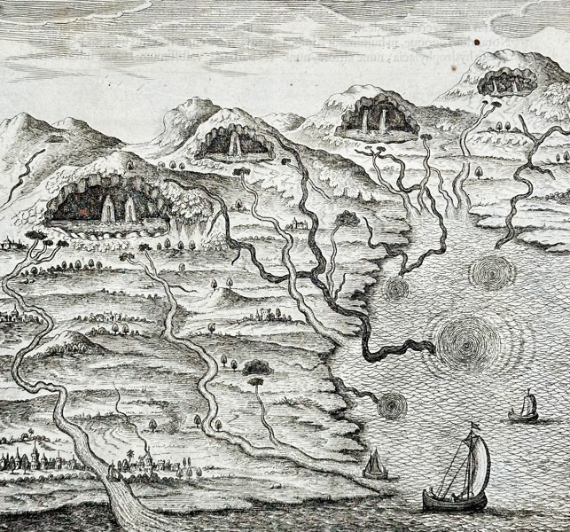 Athanasius Kircher (1602–1680) – Subterranean Hydrophylacia and the Origin of Rivers – Engraving (1664)