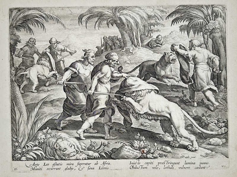 Johannes Stradanus (1523–1605) – African Lion Hunt with Blinding Cloths – Engraving (1578)